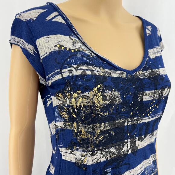 Rock & Republic SMALL Blue Gray Gold Rose Foil Metallic Print Burnout Tee Shirt - Picture 2 of 6